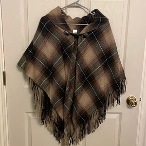 Brown Plaid Shaw/Wrap/Poncho/Cape with fringe ONE SIZE
